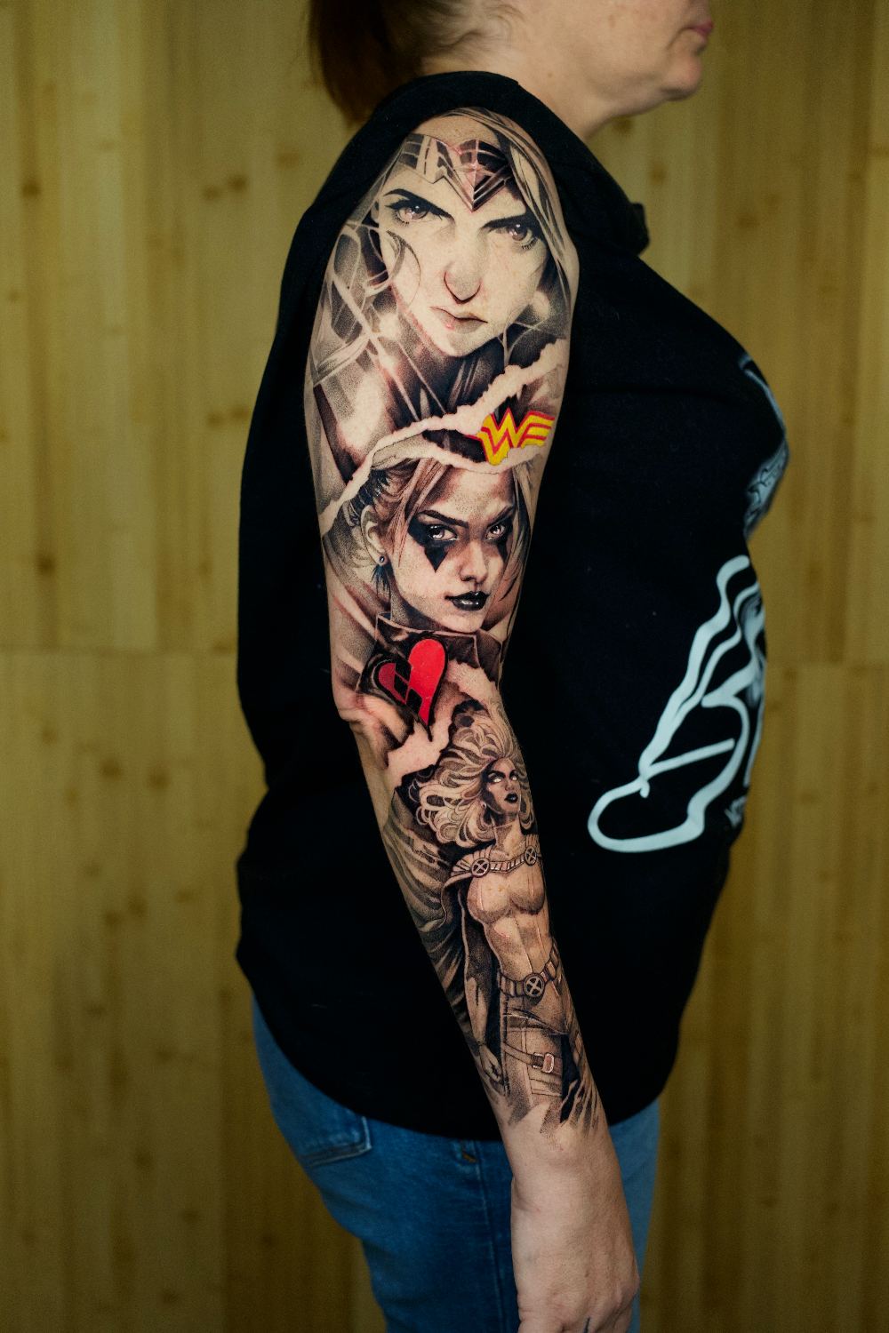 color anime character full sleeve tattoo by Antwan Rodriguez, West Palm Beach FL