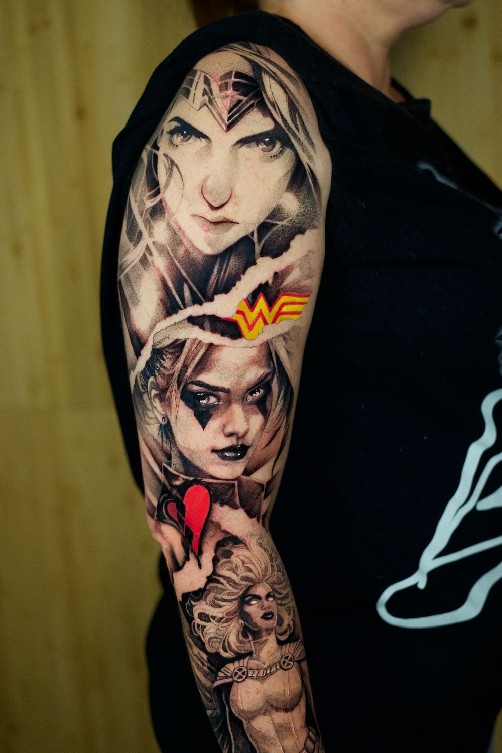 color anime portrait sleeve detail tattoo by Antwan Rodriguez, West Palm Beach FL