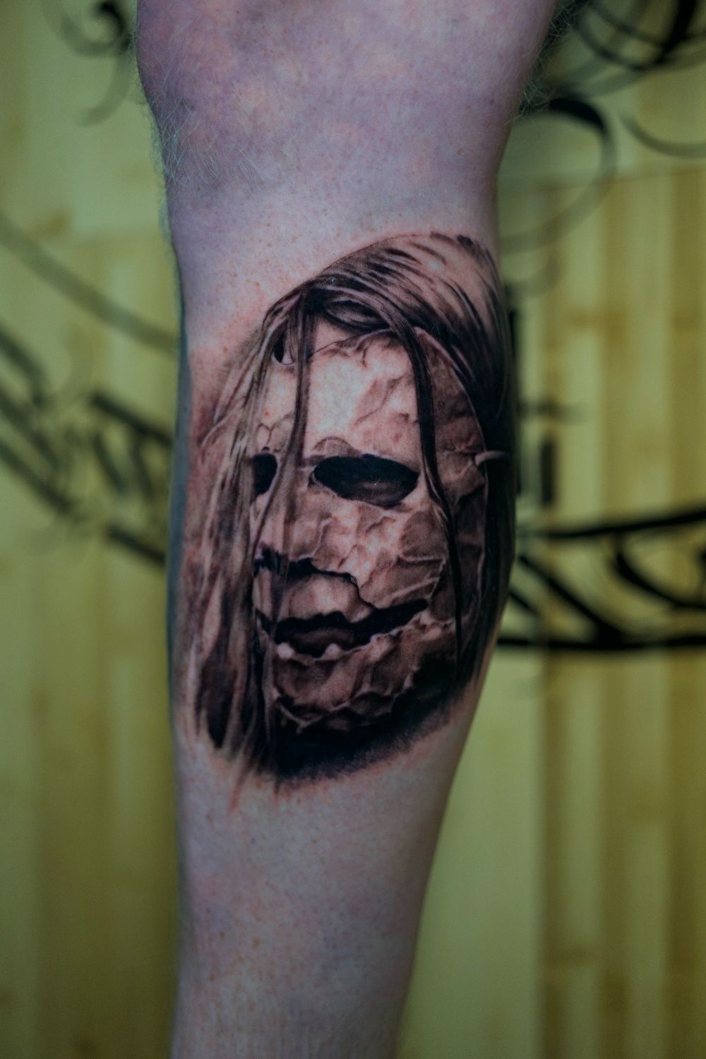 black and gray realism portrait calf tattoo healed detail by Antwan Rodriguez, West Palm Beach FL