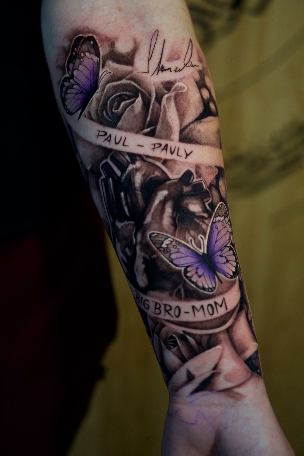 black and gray skull and ornamental forearm sleeve tattoo by Antwan Rodriguez, West Palm Beach FL